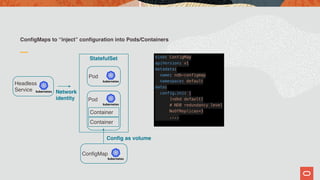 ConfigMaps to “inject” configuration into Pods/Containers
Pod
Headless
Service
StatefulSet
Network
identity
ConfigMap
Pod
Container
Container
Config as volume
kind: ConfigMap
apiVersion: v1
metadata:
name: ndb-configmap
namespace: default
data:
config.ini: |
[ndbd default]
# NDB redundancy level
NoOfReplicas=3
....
 
