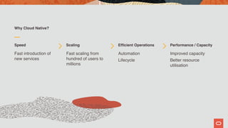 Why Cloud Native?
Speed
Fast introduction of
new services
Scaling
Fast scaling from
hundred of users to
millions
Efficient Operations
Automation
Lifecycle
Performance / Capacity
Improved capacity
Better resource
utilisation
 