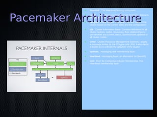 ●   Stonithd : The Heartbeat fencing subsystem.



Pacemaker Architecture
            ●   Lrmd : Local Resource Management...