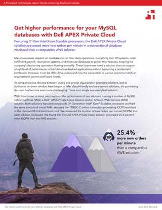 Get higher performance for your MySQL
databases with Dell APEX Private Cloud
Many businesses depend on databases to run their daily operations. Everything from HR systems, order
fulfillment, payroll, reservation systems, and more use databases to power their features, keeping the
company’s day-to-day operations flowing smoothly. These businesses need a solution that can support
a high level of performance in their database-backed applications without becoming a problematic
bottleneck. However, it can be difficult to understand how the capabilities of various solutions match an
organization’s current and future needs.
As companies face choices between public and private cloud and on-premises solutions, and as
traditional on-prem vendors have begun to offer cloud-friendly and as-a-service solutions, the purchasing
decision has become even more challenging. There is no single one-size-fits-all solution.
With this context in mind, we compared the performance of two solutions running a number of MySQL
virtual machines (VMs): a Dell™
APEX Private Cloud solution and an Amazon Web Services (AWS)
solution. Both solutions featured comparable 3rd
Generation Intel®
Xeon®
Scalable processors and had
the same amount of virtual RAM. We used the TPROC-C online transaction processing (OLTP) workload
in the HammerDB 4.6 benchmark tool. We measured the number of new orders per minute (NOPM) that
each solution processed. We found that the Dell APEX Private Cloud solution processed 25.4 percent
more NOPM than the AWS solution.
Featuring 3rd
Gen Intel Xeon Scalable processors, the Dell APEX Private Cloud
solution processed more new orders per minute in a transactional database
workload than a comparable AWS solution
25.4%
more new orders
per minute
than a comparable
AWS solution
Get higher performance for your MySQL databases with Dell APEX Private Cloud June 2023 (Revised)
A Principled Technologies report: Hands-on testing. Real-world results.
 
