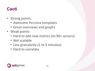 10	
  
Cacti
•  Strong	
  points:	
  
•  Awesome	
  Percona	
  templates	
  
•  Great	
  overviews	
  and	
  graphs	
  
•  Weak	
  points:	
  
•  Hard	
  to	
  add	
  new	
  metrics	
  (to	
  90+	
  servers)	
  
•  Not	
  scalable	
  
•  Low	
  granularity	
  (1	
  to	
  5	
  minutes)	
  
•  Hard	
  to	
  correlate	
  
 