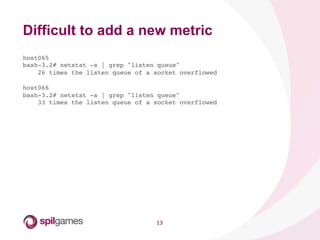 13	
  
Difficult to add a new metric
host065!
bash-3.2# netstat -s | grep "listen queue"!
    26 times the listen queue of a socket overflowed!
!
host066!
bash-3.2# netstat -s | grep "listen queue"!
    33 times the listen queue of a socket overflowed!
 