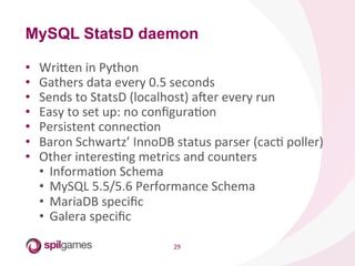 29	
  
•  Wrisen	
  in	
  Python	
  
•  Gathers	
  data	
  every	
  0.5	
  seconds	
  
•  Sends	
  to	
  StatsD	
  (localhost)	
  a•er	
  every	
  run	
  
•  Easy	
  to	
  set	
  up:	
  no	
  conﬁguraHon	
  
•  Persistent	
  connecHon	
  
•  Baron	
  Schwartz’	
  InnoDB	
  status	
  parser	
  (cacH	
  poller)	
  
•  Other	
  interesHng	
  metrics	
  and	
  counters	
  
•  InformaHon	
  Schema	
  
•  MySQL	
  5.5/5.6	
  Performance	
  Schema	
  
•  MariaDB	
  speciﬁc	
  
•  Galera	
  speciﬁc	
  
MySQL StatsD daemon
 
