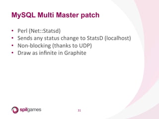 31	
  
•  Perl	
  (Net::Statsd)	
  
•  Sends	
  any	
  status	
  change	
  to	
  StatsD	
  (localhost)	
  
•  Non-­‐blocking	
  (thanks	
  to	
  UDP)	
  
•  Draw	
  as	
  inﬁnite	
  in	
  Graphite	
  
MySQL Multi Master patch
 