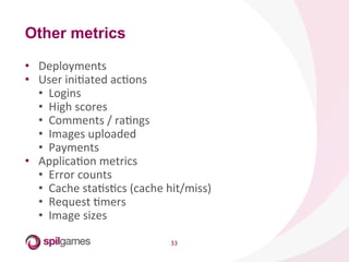 33	
  
•  Deployments	
  
•  User	
  iniHated	
  acHons	
  
•  Logins	
  
•  High	
  scores	
  
•  Comments	
  /	
  raHngs	
  
•  Images	
  uploaded	
  
•  Payments	
  
•  ApplicaHon	
  metrics	
  
•  Error	
  counts	
  
•  Cache	
  staHsHcs	
  (cache	
  hit/miss)	
  
•  Request	
  Hmers	
  
•  Image	
  sizes	
  
Other metrics
 