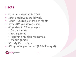 4	
  
•  Company	
  founded	
  in	
  2001	
  
•  350+	
  employees	
  world	
  wide	
  
•  180M+	
  unique	
  visitors	
  per	
  month	
  
•  Over	
  50M	
  registered	
  users	
  
•  45	
  portals	
  in	
  19	
  languages	
  
•  Casual	
  games	
  
•  Social	
  games	
  
•  Real	
  Hme	
  mulHplayer	
  games	
  
•  Mobile	
  games	
  
•  35+	
  MySQL	
  clusters	
  
•  60k	
  queries	
  per	
  second	
  (3.5	
  billion	
  qpd)	
  
Facts
 
