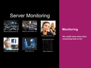 Monitoring
We	
  use(d)	
  many	
  many	
  many	
  
monitoring	
  tools	
  so	
  far!	
  
	
  
 
