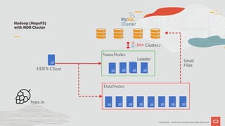 Confidential – Oracle Internal/Restricted/Highly Restricted
Hadoop (HopsFS)  
with NDB Cluster
NameNodes
Leader
HDFS Client
DataNodes
hops.io
ClusterJ
Small
Files
 
