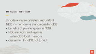 TPC-H queries - NDB vs InnoDB
2-node always-consistent redundant
NDB in-memory vs standalone InnoDB
• benefits of parallel query in NDB
• NDB network and replicas  
vs InnoDB local memory
• disclaimer: InnoDB not tuned
 