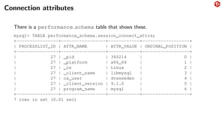 Connection attributes
There is a performance schema table that shows these.
mysql> TABLE performance_schema.session_connect_attrs;
+----------------+-----------------+------------+------------------+
| PROCESSLIST_ID | ATTR_NAME | ATTR_VALUE | ORDINAL_POSITION |
+----------------+-----------------+------------+------------------+
| 27 | _pid | 360214 | 0 |
| 27 | _platform | x86_64 | 1 |
| 27 | _os | Linux | 2 |
| 27 | _client_name | libmysql | 3 |
| 27 | os_user | dvaneeden | 4 |
| 27 | _client_version | 9.1.0 | 5 |
| 27 | program_name | mysql | 6 |
+----------------+-----------------+------------+------------------+
7 rows in set (0.01 sec)
 