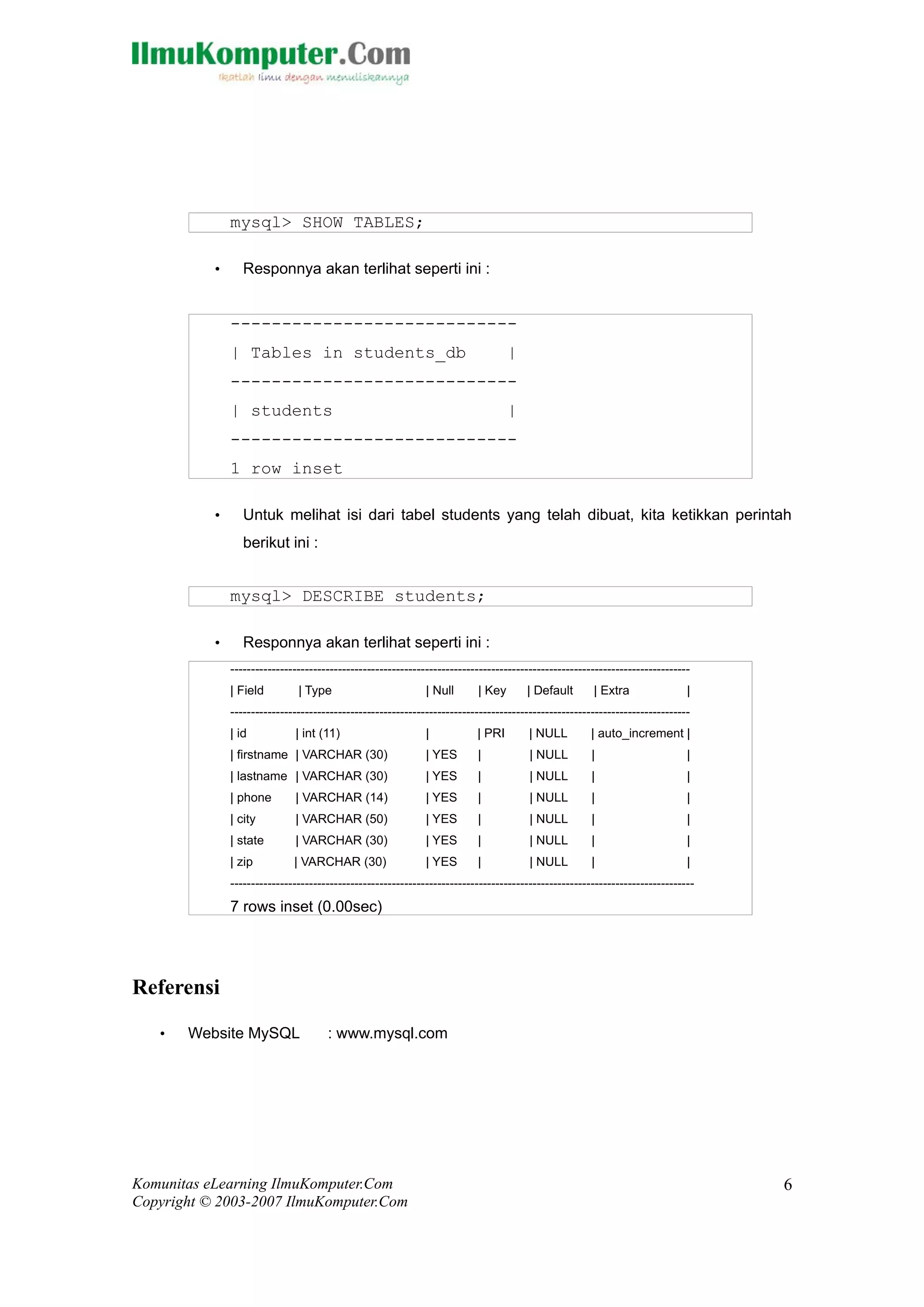 mysql> SHOW TABLES;

           •      Responnya akan terlihat seperti ini :


               ----------------------------
               | Tables in students_db                                            |
               ----------------------------
               | students                                                         |
               ----------------------------
               1 row inset

           •      Untuk melihat isi dari tabel students yang telah dibuat, kita ketikkan perintah
                  berikut ini :


               mysql> DESCRIBE students;

           •      Responnya akan terlihat seperti ini :
               ---------------------------------------------------------------------------------------------------------------
               | Field         | Type                         | Null      | Key       | Default       | Extra                |
               ---------------------------------------------------------------------------------------------------------------
               | id           | int (11)                      |           | PRI        | NULL         | auto_increment |
               | firstname | VARCHAR (30)                     | YES       |            | NULL         |                      |
               | lastname | VARCHAR (30)                      | YES       |            | NULL         |                      |
               | phone        | VARCHAR (14)                  | YES       |            | NULL         |                      |
               | city         | VARCHAR (50)                  | YES       |            | NULL         |                      |
               | state        | VARCHAR (30)                  | YES       |            | NULL         |                      |
               | zip          | VARCHAR (30)                  | YES       |            | NULL         |                      |
               ----------------------------------------------------------------------------------------------------------------
               7 rows inset (0.00sec)




Referensi

   •   Website MySQL                  : www.mysql.com




Komunitas eLearning IlmuKomputer.Com                                                                                              6
Copyright © 2003-2007 IlmuKomputer.Com
 