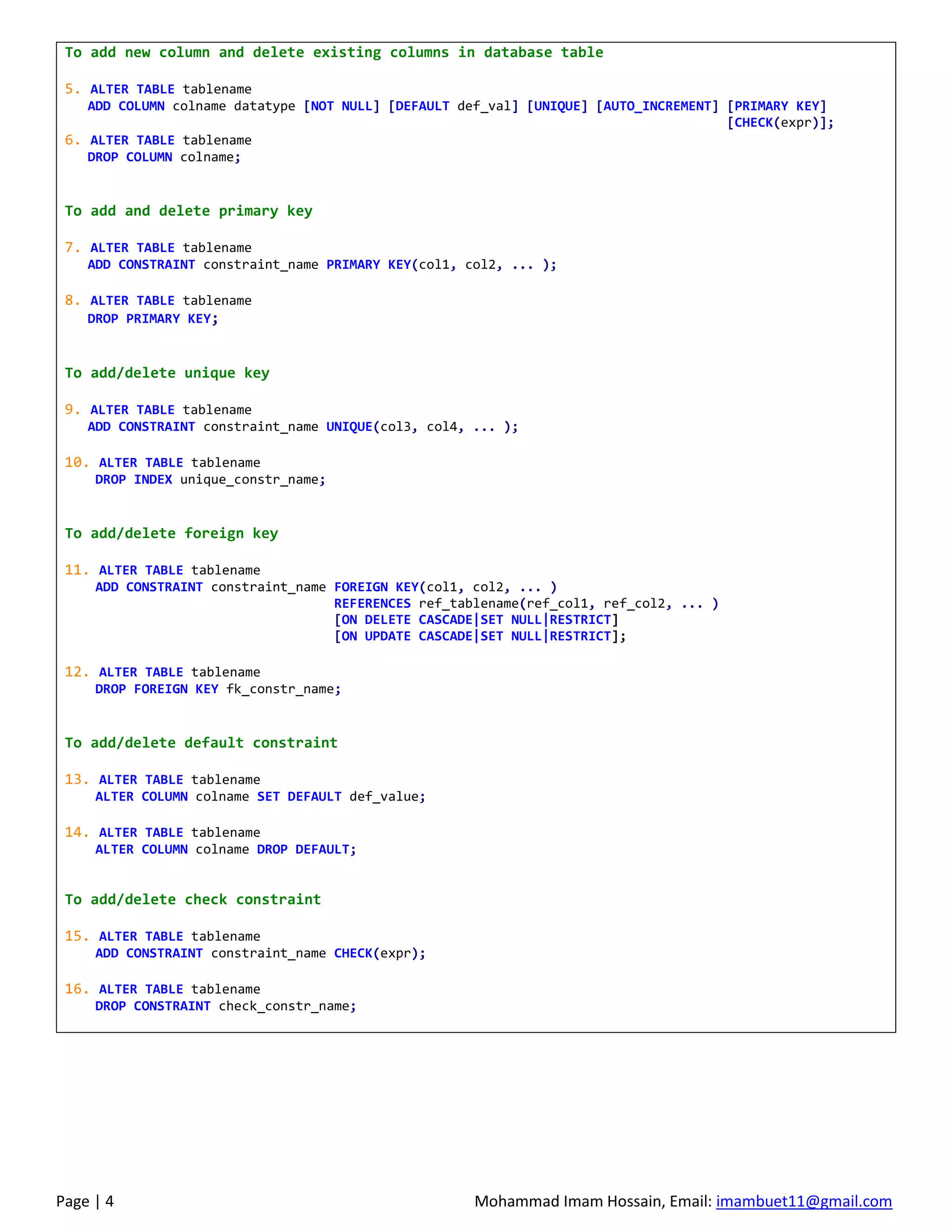 Page | 4 Mohammad Imam Hossain, Email: imambuet11@gmail.com
To add new column and delete existing columns in database table
5. ALTER TABLE tablename
ADD COLUMN colname datatype [NOT NULL] [DEFAULT def_val] [UNIQUE] [AUTO_INCREMENT] [PRIMARY KEY]
[CHECK(expr)];
6. ALTER TABLE tablename
DROP COLUMN colname;
To add and delete primary key
7. ALTER TABLE tablename
ADD CONSTRAINT constraint_name PRIMARY KEY(col1, col2, ... );
8. ALTER TABLE tablename
DROP PRIMARY KEY;
To add/delete unique key
9. ALTER TABLE tablename
ADD CONSTRAINT constraint_name UNIQUE(col3, col4, ... );
10. ALTER TABLE tablename
DROP INDEX unique_constr_name;
To add/delete foreign key
11. ALTER TABLE tablename
ADD CONSTRAINT constraint_name FOREIGN KEY(col1, col2, ... )
REFERENCES ref_tablename(ref_col1, ref_col2, ... )
[ON DELETE CASCADE|SET NULL|RESTRICT]
[ON UPDATE CASCADE|SET NULL|RESTRICT];
12. ALTER TABLE tablename
DROP FOREIGN KEY fk_constr_name;
To add/delete default constraint
13. ALTER TABLE tablename
ALTER COLUMN colname SET DEFAULT def_value;
14. ALTER TABLE tablename
ALTER COLUMN colname DROP DEFAULT;
To add/delete check constraint
15. ALTER TABLE tablename
ADD CONSTRAINT constraint_name CHECK(expr);
16. ALTER TABLE tablename
DROP CONSTRAINT check_constr_name;
 