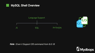 MySQL Shell Overview
Language Support
JS SQL PYTHON
Note : Even it Support OS command from 8.0.18
 