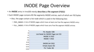 INODE Page Overview
•An INODE entry in InnoDB merely describes a file segment (FSEG)
•Each INODE page contains 85 file segments INODE entries, each of which are 192 bytes
•Also, the page contain a list node which is used in the following lists:
• FREE_INODES: A list of INODE pages which have at least one free file segment INODE entry
• FULL_INODES: A list of INODE pages which have zero free file segment INODE entries
FIL Header (38)
List Node for INODE Page List (12)
INODE 0 (192)
INODE 1 (192)
…
INODE 84 (192)
Empty Space (6)
FIL Trailer (8)
0
38
50
242
434
16178
16384
16376
16370
 