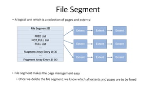 •A logical unit which is a collection of pages and extents:
•File segment makes the page management easy
•Once we delete the file segment, we know which all extents and pages are to be freed
File Segment
Extent Extent Extent
Extent Extent Extent
Extent Extent Extent
File Segment ID
…
FREE List
NOT_FULL List
FULL List
…
Fragment Array Entry 0 (4)
…
Fragment Array Entry 31 (4)
 