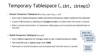 •Session Temporary Tablespace (#innodb_temp/temp_x.ibt)
•Store user-created temporary tables and internal temporary tables created by the optimizer
•A pool of 10 temporary tablespaces (5 pages in size) is created when the server is started
•When a session disconnects, its temporary table spaces are truncated and released back to
the pool
•Global Temporary Tablespace (ibtmp1)
•Store rollback segments for changes made to user-created temporary tables
•The initial file size is slightly larger than 12MB
•Removed on normal shutdown and recreated each time the server is started
Temporary Tablespace (.ibt, ibtmp1)
ibtmp1
(global)
temp_1.ibt
(session)
temp_2.ibt
(session)
temp_3.ibt
(session)
 