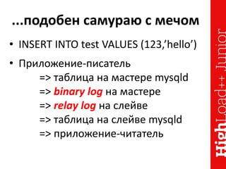 ...подобен самураю с мечом
• INSERT INTO test VALUES (123,’hello’)
• Приложение-писатель
=> таблица на мастере mysqld
=> binary log на мастере
=> relay log на слейве
=> таблица на слейве mysqld
=> приложение-читатель
 