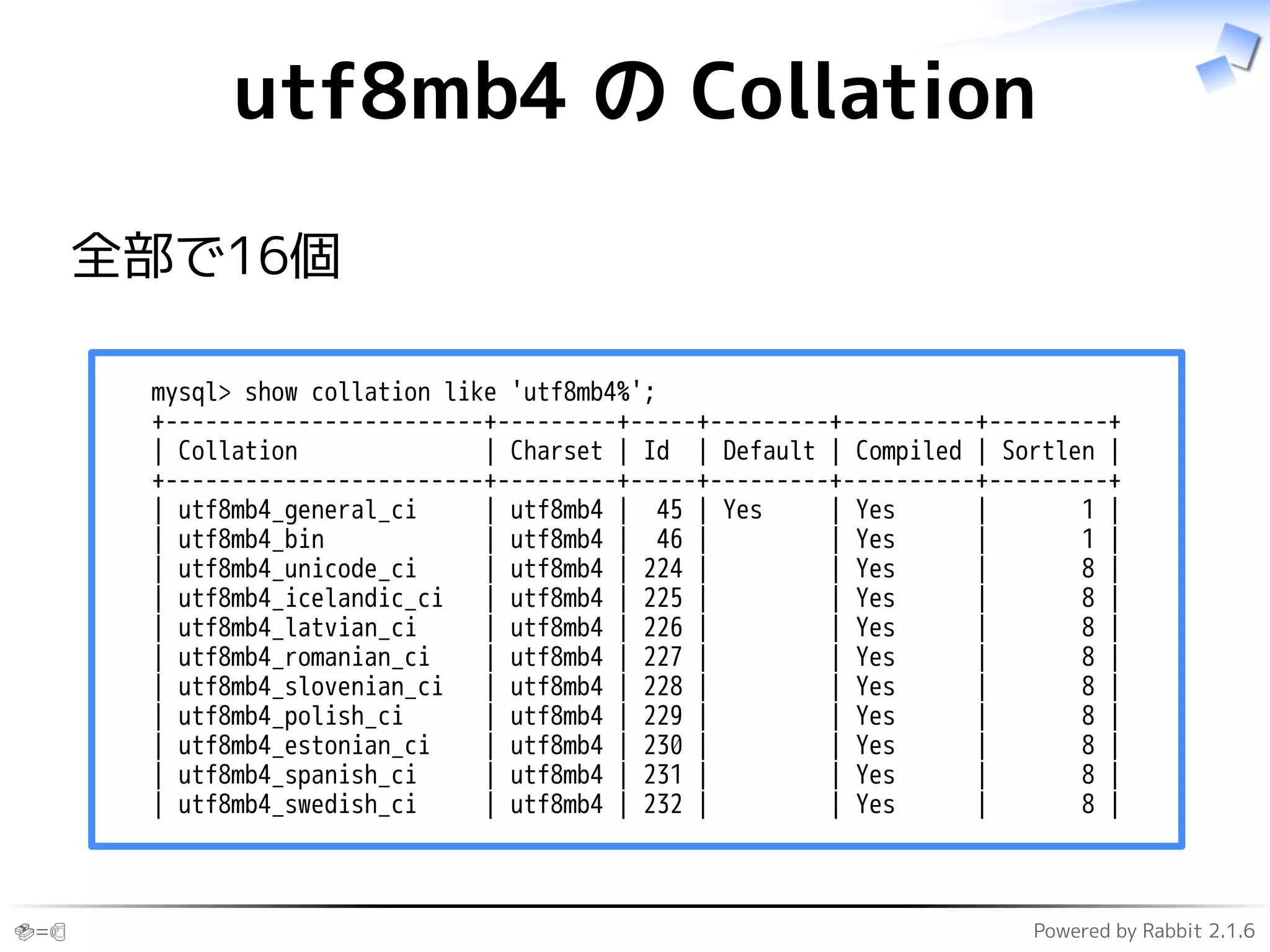 🍣=🍺 Powered by Rabbit 2.1.6
utf8mb4 の Collation
全部で16個
mysql> show collation like 'utf8mb4%';
+------------------------+---------+-----+---------+----------+---------+
| Collation | Charset | Id | Default | Compiled | Sortlen |
+------------------------+---------+-----+---------+----------+---------+
| utf8mb4_general_ci | utf8mb4 | 45 | Yes | Yes | 1 |
| utf8mb4_bin | utf8mb4 | 46 | | Yes | 1 |
| utf8mb4_unicode_ci | utf8mb4 | 224 | | Yes | 8 |
| utf8mb4_icelandic_ci | utf8mb4 | 225 | | Yes | 8 |
| utf8mb4_latvian_ci | utf8mb4 | 226 | | Yes | 8 |
| utf8mb4_romanian_ci | utf8mb4 | 227 | | Yes | 8 |
| utf8mb4_slovenian_ci | utf8mb4 | 228 | | Yes | 8 |
| utf8mb4_polish_ci | utf8mb4 | 229 | | Yes | 8 |
| utf8mb4_estonian_ci | utf8mb4 | 230 | | Yes | 8 |
| utf8mb4_spanish_ci | utf8mb4 | 231 | | Yes | 8 |
| utf8mb4_swedish_ci | utf8mb4 | 232 | | Yes | 8 |
 