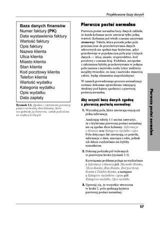 Projektowanie bazy danych


                                                  Pierwsza postać normalna
                                                  Pierwsza postać normalna bazy danych zakłada,
                                                   e ka da kolumna mo e zawierać tylko jedną
                                                  wartość (kolumna jest wtedy czasami nazywana
                                                  atomową). Tabela, która posiada jedno pole
                                                  przeznaczone do przechowywania danych
                                                  adresowych nie spełnia tego kryterium, gdy
                                                  przechowuje w pojedynczym polu pięć ró nych
                                                  danych — ulicę, miasto, województwo, kod
                                                  pocztowy i czasami kraj. Podobnie, niezgodne
                                                  z zało eniem byłoby przechowywanie w jednym
                                                  polu imienia i nazwiska osoby (choć niektórzy
                                                  mogliby twierdzić, e imię i nazwisko stanowią
                                                  całość, będąc elementem niepodzielnym).
                                                  W ramach prowadzonego procesu normalizacji
                                                  zostanie dokonane sprawdzenie istniejącej
                                                  struktury pod kątem zgodności z pierwszą




                                                                                                      Pierwsza postać normalna
                                                  postacią normalną.

                                                  Aby uczynić bazę danych zgodną
Rysunek 3.3. Zgodnie z zało eniami pierwszej      z pierwszą postacią normalną:
postaci normalnej dwie kolumny, które
nie spełniały jej kryteriów, zostały podzielone   1. Wyszukuj pola, które zawierają więcej ni
na większą liczbę pól                                jedną informację.
                                                     Analizując tabelę 3.1 mo na zauwa yć,
                                                      e z kryteriami pierwszej postaci normalnej
                                                     nie są zgodne dwie kolumny: Informacje
                                                     o kliencie oraz Kategoria wydatku i opis.
                                                     Pola dotyczące dat zawierają, co prawda,
                                                     informacje o dniu, miesiącu i roku, jednak
                                                     ich dalsze rozdzielanie nie byłoby
                                                     uzasadnione.
                                                  2. Dokonaj podziału pól wybranych
                                                     w pierwszym kroku (rysunek 3.3).
                                                     Rozwiązanie problemu polega na wydzieleniu
                                                     z Informacji o kliencie pól: Nazwisko klienta,
                                                     Ulica klienta, Stan klienta, Kod pocztowy
                                                     klienta i Telefon klienta, a następnie
                                                     z Kategorii wydatków i opisu pól:
                                                     Kategoria wydatku, Opis wydatku.
                                                  3. Upewnij się, e wszystkie utworzone
                                                     w kroku 2. pola spełniają kryteria
                                                     pierwszej postaci normalnej.



                                                                                                57
 