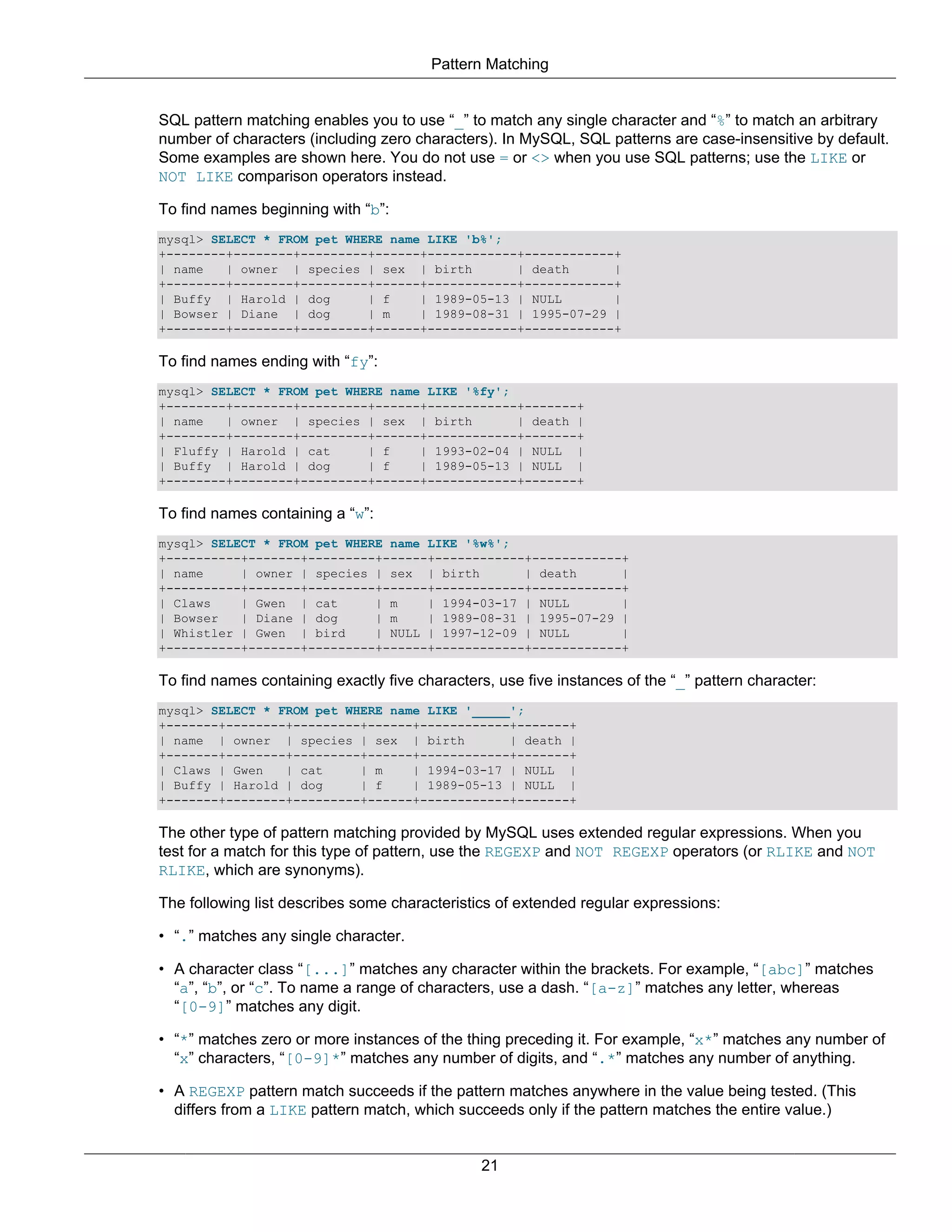 Pattern Matching


SQL pattern matching enables you to use “_” to match any single character and “%” to match an arbitrary
number of characters (including zero characters). In MySQL, SQL patterns are case-insensitive by default.
Some examples are shown here. You do not use = or <> when you use SQL patterns; use the LIKE or
NOT LIKE comparison operators instead.

To find names beginning with “b”:
mysql> SELECT * FROM pet WHERE name LIKE 'b%';
+--------+--------+---------+------+------------+------------+
| name   | owner | species | sex | birth        | death      |
+--------+--------+---------+------+------------+------------+
| Buffy | Harold | dog      | f    | 1989-05-13 | NULL       |
| Bowser | Diane | dog      | m    | 1989-08-31 | 1995-07-29 |
+--------+--------+---------+------+------------+------------+

To find names ending with “fy”:
mysql> SELECT * FROM pet WHERE name LIKE '%fy';
+--------+--------+---------+------+------------+-------+
| name   | owner | species | sex | birth        | death |
+--------+--------+---------+------+------------+-------+
| Fluffy | Harold | cat     | f    | 1993-02-04 | NULL |
| Buffy | Harold | dog      | f    | 1989-05-13 | NULL |
+--------+--------+---------+------+------------+-------+

To find names containing a “w”:
mysql> SELECT * FROM pet WHERE name LIKE '%w%';
+----------+-------+---------+------+------------+------------+
| name     | owner | species | sex | birth       | death      |
+----------+-------+---------+------+------------+------------+
| Claws    | Gwen | cat      | m    | 1994-03-17 | NULL       |
| Bowser   | Diane | dog     | m    | 1989-08-31 | 1995-07-29 |
| Whistler | Gwen | bird     | NULL | 1997-12-09 | NULL       |
+----------+-------+---------+------+------------+------------+

To find names containing exactly five characters, use five instances of the “_” pattern character:
mysql> SELECT * FROM pet WHERE name LIKE '_____';
+-------+--------+---------+------+------------+-------+
| name | owner | species | sex | birth         | death |
+-------+--------+---------+------+------------+-------+
| Claws | Gwen   | cat     | m    | 1994-03-17 | NULL |
| Buffy | Harold | dog     | f    | 1989-05-13 | NULL |
+-------+--------+---------+------+------------+-------+

The other type of pattern matching provided by MySQL uses extended regular expressions. When you
test for a match for this type of pattern, use the REGEXP and NOT REGEXP operators (or RLIKE and NOT
RLIKE, which are synonyms).

The following list describes some characteristics of extended regular expressions:

• “.” matches any single character.

• A character class “[...]” matches any character within the brackets. For example, “[abc]” matches
  “a”, “b”, or “c”. To name a range of characters, use a dash. “[a-z]” matches any letter, whereas
  “[0-9]” matches any digit.

• “*” matches zero or more instances of the thing preceding it. For example, “x*” matches any number of
  “x” characters, “[0-9]*” matches any number of digits, and “.*” matches any number of anything.

• A REGEXP pattern match succeeds if the pattern matches anywhere in the value being tested. (This
  differs from a LIKE pattern match, which succeeds only if the pattern matches the entire value.)


                                                21
 