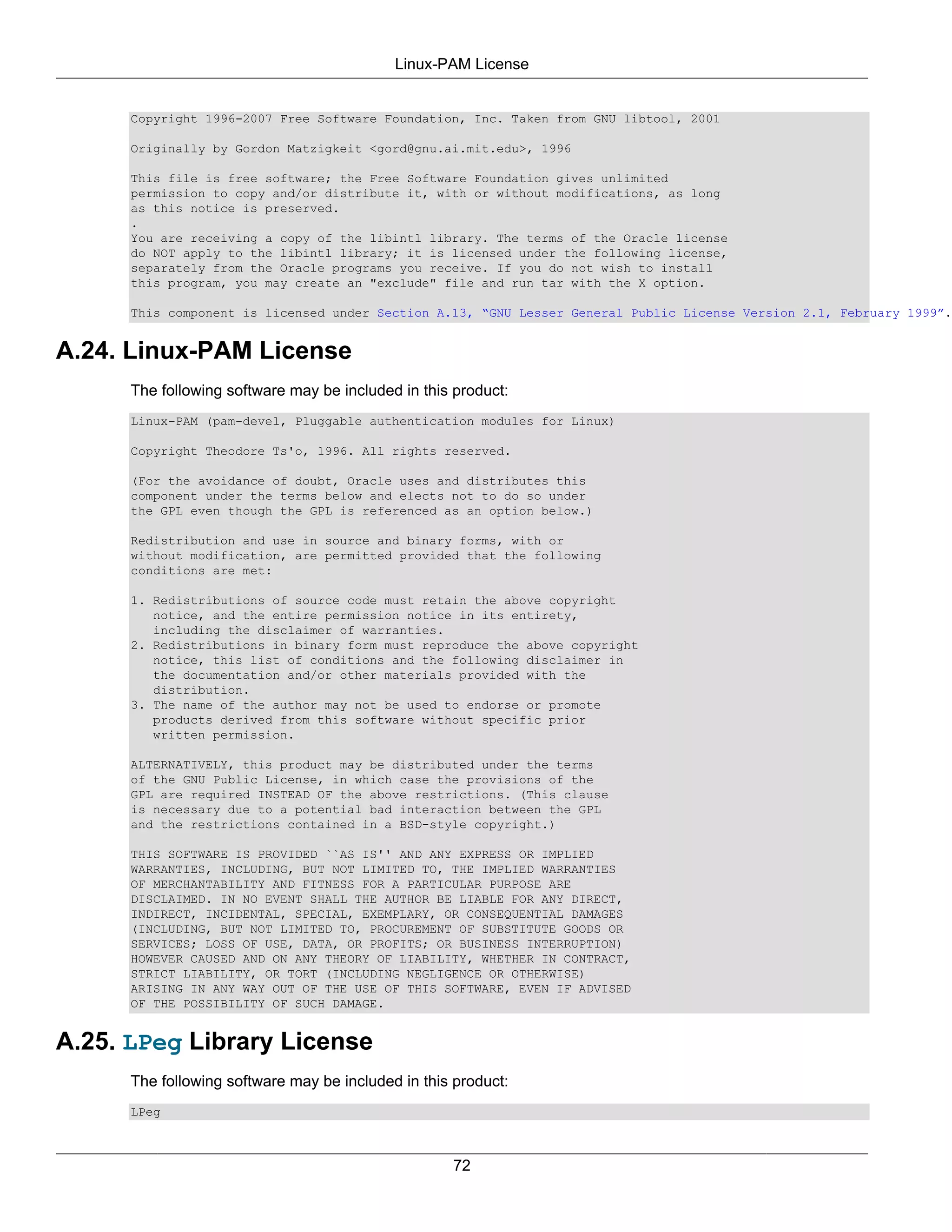 Linux-PAM License


      Copyright 1996-2007 Free Software Foundation, Inc. Taken from GNU libtool, 2001

      Originally by Gordon Matzigkeit <gord@gnu.ai.mit.edu>, 1996

      This file is free software; the Free Software Foundation gives unlimited
      permission to copy and/or distribute it, with or without modifications, as long
      as this notice is preserved.
      .
      You are receiving a copy of the libintl library. The terms of the Oracle license
      do NOT apply to the libintl library; it is licensed under the following license,
      separately from the Oracle programs you receive. If you do not wish to install
      this program, you may create an "exclude" file and run tar with the X option.

      This component is licensed under Section A.13, “GNU Lesser General Public License Version 2.1, February 1999”.


A.24. Linux-PAM License
      The following software may be included in this product:
      Linux-PAM (pam-devel, Pluggable authentication modules for Linux)

      Copyright Theodore Ts'o, 1996. All rights reserved.

      (For the avoidance of doubt, Oracle uses and distributes this
      component under the terms below and elects not to do so under
      the GPL even though the GPL is referenced as an option below.)

      Redistribution and use in source and binary forms, with or
      without modification, are permitted provided that the following
      conditions are met:

      1. Redistributions of source code must retain the above copyright
         notice, and the entire permission notice in its entirety,
         including the disclaimer of warranties.
      2. Redistributions in binary form must reproduce the above copyright
         notice, this list of conditions and the following disclaimer in
         the documentation and/or other materials provided with the
         distribution.
      3. The name of the author may not be used to endorse or promote
         products derived from this software without specific prior
         written permission.

      ALTERNATIVELY, this product may be distributed under the terms
      of the GNU Public License, in which case the provisions of the
      GPL are required INSTEAD OF the above restrictions. (This clause
      is necessary due to a potential bad interaction between the GPL
      and the restrictions contained in a BSD-style copyright.)

      THIS SOFTWARE IS PROVIDED ``AS IS'' AND ANY EXPRESS OR IMPLIED
      WARRANTIES, INCLUDING, BUT NOT LIMITED TO, THE IMPLIED WARRANTIES
      OF MERCHANTABILITY AND FITNESS FOR A PARTICULAR PURPOSE ARE
      DISCLAIMED. IN NO EVENT SHALL THE AUTHOR BE LIABLE FOR ANY DIRECT,
      INDIRECT, INCIDENTAL, SPECIAL, EXEMPLARY, OR CONSEQUENTIAL DAMAGES
      (INCLUDING, BUT NOT LIMITED TO, PROCUREMENT OF SUBSTITUTE GOODS OR
      SERVICES; LOSS OF USE, DATA, OR PROFITS; OR BUSINESS INTERRUPTION)
      HOWEVER CAUSED AND ON ANY THEORY OF LIABILITY, WHETHER IN CONTRACT,
      STRICT LIABILITY, OR TORT (INCLUDING NEGLIGENCE OR OTHERWISE)
      ARISING IN ANY WAY OUT OF THE USE OF THIS SOFTWARE, EVEN IF ADVISED
      OF THE POSSIBILITY OF SUCH DAMAGE.


A.25. LPeg Library License
      The following software may be included in this product:
      LPeg



                                                    72
 
