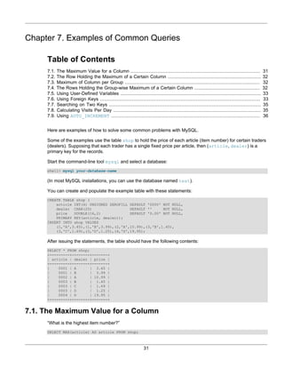 Chapter 7. Examples of Common Queries

     Table of Contents
     7.1.   The Maximum Value for a Column .............................................................................................             31
     7.2.   The Row Holding the Maximum of a Certain Column ...................................................................                      32
     7.3.   Maximum of Column per Group .................................................................................................            32
     7.4.   The Rows Holding the Group-wise Maximum of a Certain Column ...............................................                              32
     7.5.   Using User-Defined Variables .....................................................................................................       33
     7.6.   Using Foreign Keys ...................................................................................................................   33
     7.7.   Searching on Two Keys .............................................................................................................      35
     7.8.   Calculating Visits Per Day ..........................................................................................................    35
     7.9.   Using AUTO_INCREMENT ...........................................................................................................         36


     Here are examples of how to solve some common problems with MySQL.

     Some of the examples use the table shop to hold the price of each article (item number) for certain traders
     (dealers). Supposing that each trader has a single fixed price per article, then (article, dealer) is a
     primary key for the records.

     Start the command-line tool mysql and select a database:
     shell> mysql your-database-name

     (In most MySQL installations, you can use the database named test).

     You can create and populate the example table with these statements:
     CREATE TABLE shop (
         article INT(4) UNSIGNED ZEROFILL DEFAULT '0000' NOT NULL,
         dealer CHAR(20)                  DEFAULT ''     NOT NULL,
         price   DOUBLE(16,2)             DEFAULT '0.00' NOT NULL,
         PRIMARY KEY(article, dealer));
     INSERT INTO shop VALUES
         (1,'A',3.45),(1,'B',3.99),(2,'A',10.99),(3,'B',1.45),
         (3,'C',1.69),(3,'D',1.25),(4,'D',19.95);

     After issuing the statements, the table should have the following contents:
     SELECT * FROM shop;
     +---------+--------+-------+
     | article | dealer | price |
     +---------+--------+-------+
     |    0001 | A       | 3.45 |
     |    0001 | B       | 3.99 |
     |    0002 | A       | 10.99 |
     |    0003 | B       | 1.45 |
     |    0003 | C       | 1.69 |
     |    0003 | D       | 1.25 |
     |    0004 | D       | 19.95 |
     +---------+--------+-------+


7.1. The Maximum Value for a Column
     “What is the highest item number?”
     SELECT MAX(article) AS article FROM shop;



                                                                     31
 
