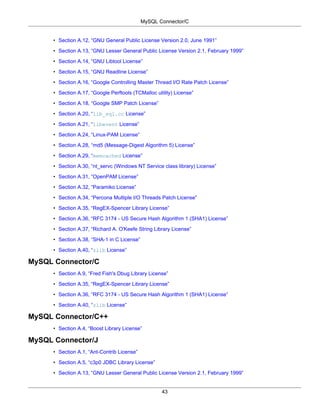 MySQL Connector/C


      • Section A.12, “GNU General Public License Version 2.0, June 1991”

      • Section A.13, “GNU Lesser General Public License Version 2.1, February 1999”

      • Section A.14, “GNU Libtool License”

      • Section A.15, “GNU Readline License”

      • Section A.16, “Google Controlling Master Thread I/O Rate Patch License”

      • Section A.17, “Google Perftools (TCMalloc utility) License”

      • Section A.18, “Google SMP Patch License”

      • Section A.20, “lib_sql.cc License”

      • Section A.21, “libevent License”

      • Section A.24, “Linux-PAM License”

      • Section A.28, “md5 (Message-Digest Algorithm 5) License”

      • Section A.29, “memcached License”

      • Section A.30, “nt_servc (Windows NT Service class library) License”

      • Section A.31, “OpenPAM License”

      • Section A.32, “Paramiko License”

      • Section A.34, “Percona Multiple I/O Threads Patch License”

      • Section A.35, “RegEX-Spencer Library License”

      • Section A.36, “RFC 3174 - US Secure Hash Algorithm 1 (SHA1) License”

      • Section A.37, “Richard A. O'Keefe String Library License”

      • Section A.38, “SHA-1 in C License”

      • Section A.40, “zlib License”

MySQL Connector/C
      • Section A.9, “Fred Fish's Dbug Library License”

      • Section A.35, “RegEX-Spencer Library License”

      • Section A.36, “RFC 3174 - US Secure Hash Algorithm 1 (SHA1) License”

      • Section A.40, “zlib License”

MySQL Connector/C++
      • Section A.4, “Boost Library License”

MySQL Connector/J
      • Section A.1, “Ant-Contrib License”

      • Section A.5, “c3p0 JDBC Library License”

      • Section A.13, “GNU Lesser General Public License Version 2.1, February 1999”


                                                     43
 