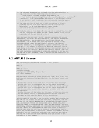 ANTLR 3 License


      3. The end-user documentation included with the redistribution, if
         any, must include the following acknowlegement:
            "This product includes software developed by the
             Ant-Contrib project (http://sourceforge.net/projects/ant-contrib)."
         Alternately, this acknowlegement may appear in the software itself,
         if and wherever such third-party acknowlegements normally appear.

      4. The name Ant-Contrib must not be used to endorse or promote
         products derived from this software without prior written
         permission. For written permission, please contact
         ant-contrib-developers@lists.sourceforge.net.

      5. Products derived from this software may not be called "Ant-Contrib"
         nor may "Ant-Contrib" appear in their names without prior written
         permission of the Ant-Contrib project.

      THIS SOFTWARE IS PROVIDED ``AS IS'' AND ANY EXPRESSED OR IMPLIED
      WARRANTIES, INCLUDING, BUT NOT LIMITED TO, THE IMPLIED WARRANTIES
      OF MERCHANTABILITY AND FITNESS FOR A PARTICULAR PURPOSE ARE
      DISCLAIMED. IN NO EVENT SHALL THE ANT-CONTRIB PROJECT OR ITS
      CONTRIBUTORS BE LIABLE FOR ANY DIRECT, INDIRECT, INCIDENTAL,
      SPECIAL, EXEMPLARY, OR CONSEQUENTIAL DAMAGES (INCLUDING, BUT NOT
      LIMITED TO, PROCUREMENT OF SUBSTITUTE GOODS OR SERVICES; LOSS OF
      USE, DATA, OR PROFITS; OR BUSINESS INTERRUPTION) HOWEVER CAUSED AND
      ON ANY THEORY OF LIABILITY, WHETHER IN CONTRACT, STRICT LIABILITY,
      OR TORT (INCLUDING NEGLIGENCE OR OTHERWISE) ARISING IN ANY WAY OUT
      OF THE USE OF THIS SOFTWARE, EVEN IF ADVISED OF THE POSSIBILITY OF
      SUCH DAMAGE.


A.2. ANTLR 3 License
     The following software may be included in this product:

     ANTLR 3

     ANTLR 3 License
     [The BSD License]
     Copyright (c) 2003-2007, Terence Parr
     All rights reserved.

     Redistribution and use in source and binary forms, with or without
     modification, are permitted provided that the following conditions
     are met:

     * Redistributions of source code must retain the above copyright
       notice, this list of conditions and the following disclaimer.
     * Redistributions in binary form must reproduce the above copyright
       notice, this list of conditions and the following disclaimer in
       the documentation and/or other materials provided with the
       distribution.
     * Neither the name of the author nor the names of its contributors
       may be used to endorse or promote products derived from this
       software without specific prior written permission.

     THIS SOFTWARE IS PROVIDED BY THE COPYRIGHT HOLDERS AND CONTRIBUTORS
     "AS IS" AND ANY EXPRESS OR IMPLIED WARRANTIES, INCLUDING, BUT NOT
     LIMITED TO, THE IMPLIED WARRANTIES OF MERCHANTABILITY AND FITNESS
     FOR A PARTICULAR PURPOSE ARE DISCLAIMED. IN NO EVENT SHALL THE
     COPYRIGHT OWNER OR CONTRIBUTORS BE LIABLE FOR ANY DIRECT, INDIRECT,
     INCIDENTAL, SPECIAL, EXEMPLARY, OR CONSEQUENTIAL DAMAGES (INCLUDING,
     BUT NOT LIMITED TO, PROCUREMENT OF SUBSTITUTE GOODS OR SERVICES;
     LOSS OF USE, DATA, OR PROFITS; OR BUSINESS INTERRUPTION) HOWEVER
     CAUSED AND ON ANY THEORY OF LIABILITY, WHETHER IN CONTRACT, STRICT
     LIABILITY, OR TORT (INCLUDING NEGLIGENCE OR OTHERWISE) ARISING IN
     ANY WAY OUT OF THE USE OF THIS SOFTWARE, EVEN IF ADVISED OF THE
     POSSIBILITY OF SUCH DAMAGE.



                                                45
 