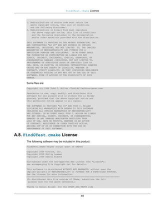 FindGTest.cmake License



     1. Redistributions of source code must retain the
        above copyright notice, this list of conditions
        and the following disclaimer.
     2. Redistributions in binary form must reproduce
         the above copyright notice, this list of conditions
         and the following disclaimer in the documentation
         and/or other materials provided with the distribution.

     THIS SOFTWARE IS PROVIDED BY THE NETBSD FOUNDATION, INC.
     AND CONTRIBUTORS "AS IS" AND ANY EXPRESS OR IMPLIED
     WARRANTIES, INCLUDING, BUT NOT LIMITED TO, THE IMPLIED
     WARRANTIES OF MERCHANTABILITY AND FITNESS FOR A
     PARTICULAR PURPOSE ARE DISCLAIMED. IN NO EVENT SHALL
     THE FOUNDATION OR CONTRIBUTORS BE LIABLE FOR ANY
     DIRECT, INDIRECT, INCIDENTAL, SPECIAL, EXEMPLARY, OR
     CONSEQUENTIAL DAMAGES (INCLUDING, BUT NOT LIMITED TO,
     PROCUREMENT OF SUBSTITUTE GOODS OR SERVICES; LOSS OF
     USE, DATA, OR PROFITS; OR BUSINESS INTERRUPTION) HOWEVER
     CAUSED AND ON ANY THEORY OF LIABILITY, WHETHER IN
     CONTRACT, STRICT LIABILITY, OR TORT (INCLUDING NEGLIGENCE
     OR OTHERWISE) ARISING IN ANY WAY OUT OF THE USE OF THIS
     SOFTWARE, EVEN IF ADVISED OF THE POSSIBILITY OF SUCH
     DAMAGE.

     Some files are:
     Copyright (c) 1998 Todd C. Miller <Todd.Miller@courtesan.com>

     Permission to use, copy, modify,   and distribute this
     software for any purpose with or   without fee is hereby
     granted, provided that the above   copyright notice and
     this permission notice appear in   all copies.

     THE SOFTWARE IS PROVIDED "AS IS" AND TODD C. MILLER
     DISCLAIMS ALL WARRANTIES WITH REGARD TO THIS SOFTWARE
     INCLUDING ALL IMPLIED WARRANTIES OF MERCHANTABILITY
     AND FITNESS. IN NO EVENT SHALL TODD C. MILLER BE LIABLE
     FOR ANY SPECIAL, DIRECT, INDIRECT, OR CONSEQUENTIAL
     DAMAGES OR ANY DAMAGES WHATSOEVER RESULTING FROM
     LOSS OF USE, DATA OR PROFITS, WHETHER IN AN ACTION
     OF CONTRACT, NEGLIGENCE OR OTHER TORTIOUS ACTION,
     ARISING OUT OF OR IN CONNECTION WITH THE USE OR
     PERFORMANCE OF THIS SOFTWARE.


A.8. FindGTest.cmake License
     The following software may be included in this product:
     FindGTest.cmake helper script (part of CMake)

     Copyright 2009 Kitware, Inc.
     Copyright 2009 Philip Lowman
     Copyright 2009 Daniel Blezek

     Distributed under the OSI-approved BSD License (the "License");
     see accompanying file Copyright.txt for details.

     This software is distributed WITHOUT ANY WARRANTY; without even the
     implied warranty of MERCHANTABILITY or FITNESS FOR A PARTICULAR PURPOSE.
     See the License for more information.
     ==========================================================================
     (To distributed this file outside of CMake, substitute the full
      License text for the above reference.)

     Thanks to Daniel Blezek    for the GTEST_ADD_TESTS code



                                                   49
 