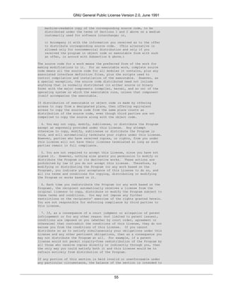 GNU General Public License Version 2.0, June 1991


   machine-readable copy of the corresponding source code, to be
   distributed under the terms of Sections 1 and 2 above on a medium
   customarily used for software interchange; or,

   c) Accompany it with the information you received as to the offer
   to distribute corresponding source code. (This alternative is
   allowed only for noncommercial distribution and only if you
   received the program in object code or executable form with such
   an offer, in accord with Subsection b above.)

The source code for a work means the preferred form of the work for
making modifications to it. For an executable work, complete source
code means all the source code for all modules it contains, plus any
associated interface definition files, plus the scripts used to
control compilation and installation of the executable. However, as
a special exception, the source code distributed need not include
anything that is normally distributed (in either source or binary
form) with the major components (compiler, kernel, and so on) of the
operating system on which the executable runs, unless that component
itself accompanies the executable.

If distribution of executable or object code is made by offering
access to copy from a designated place, then offering equivalent
access to copy the source code from the same place counts as
distribution of the source code, even though third parties are not
compelled to copy the source along with the object code.

  4. You may not copy, modify, sublicense, or distribute the Program
except as expressly provided under this License. Any attempt
otherwise to copy, modify, sublicense or distribute the Program is
void, and will automatically terminate your rights under this License.
However, parties who have received copies, or rights, from you under
this License will not have their licenses terminated so long as such
parties remain in full compliance.

  5. You are not required to accept this License, since you have not
signed it. However, nothing else grants you permission to modify or
distribute the Program or its derivative works. These actions are
prohibited by law if you do not accept this License. Therefore, by
modifying or distributing the Program (or any work based on the
Program), you indicate your acceptance of this License to do so, and
all its terms and conditions for copying, distributing or modifying
the Program or works based on it.

  6. Each time you redistribute the Program (or any work based on the
Program), the recipient automatically receives a license from the
original licensor to copy, distribute or modify the Program subject to
these terms and conditions. You may not impose any further
restrictions on the recipients' exercise of the rights granted herein.
You are not responsible for enforcing compliance by third parties to
this License.

  7. If, as a consequence of a court judgment or allegation of patent
infringement or for any other reason (not limited to patent issues),
conditions are imposed on you (whether by court order, agreement or
otherwise) that contradict the conditions of this License, they do not
excuse you from the conditions of this License. If you cannot
distribute so as to satisfy simultaneously your obligations under this
License and any other pertinent obligations, then as a consequence you
may not distribute the Program at all. For example, if a patent
license would not permit royalty-free redistribution of the Program by
all those who receive copies directly or indirectly through you, then
the only way you could satisfy both it and this License would be to
refrain entirely from distribution of the Program.

If any portion of this section is held invalid or unenforceable under
any particular circumstance, the balance of the section is intended to




                                           55
 
