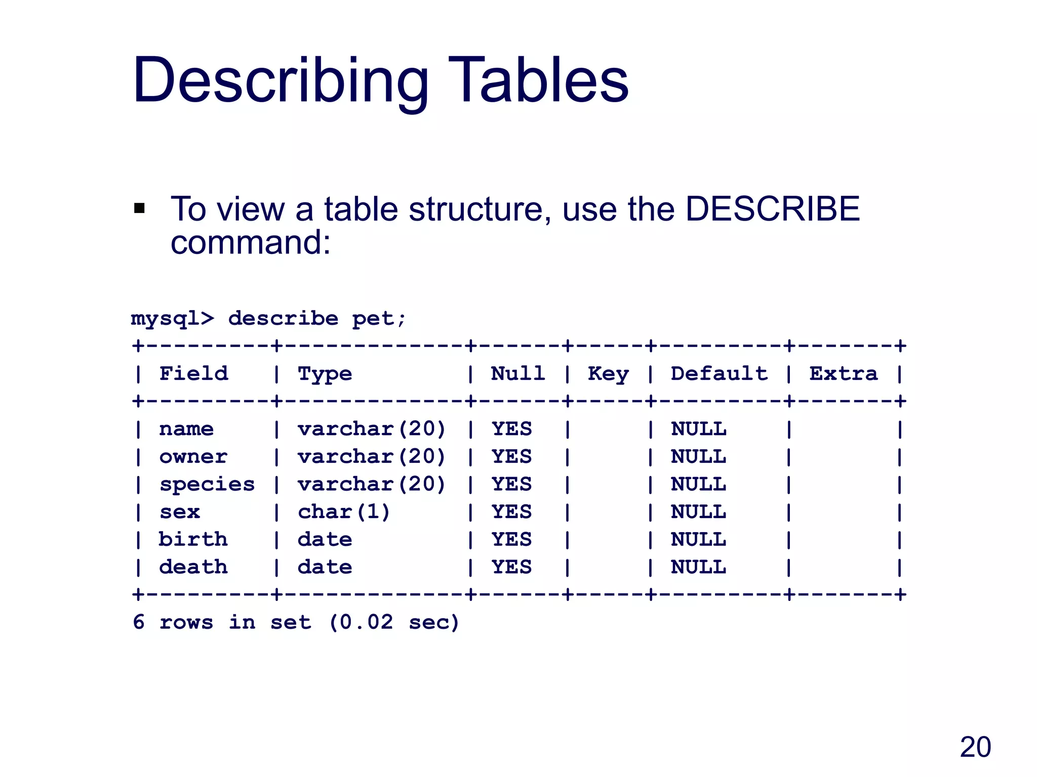 20
Describing Tables
 To view a table structure, use the DESCRIBE
command:
mysql> describe pet;
+---------+-------------+------+-----+---------+-------+
| Field | Type | Null | Key | Default | Extra |
+---------+-------------+------+-----+---------+-------+
| name | varchar(20) | YES | | NULL | |
| owner | varchar(20) | YES | | NULL | |
| species | varchar(20) | YES | | NULL | |
| sex | char(1) | YES | | NULL | |
| birth | date | YES | | NULL | |
| death | date | YES | | NULL | |
+---------+-------------+------+-----+---------+-------+
6 rows in set (0.02 sec)
 
