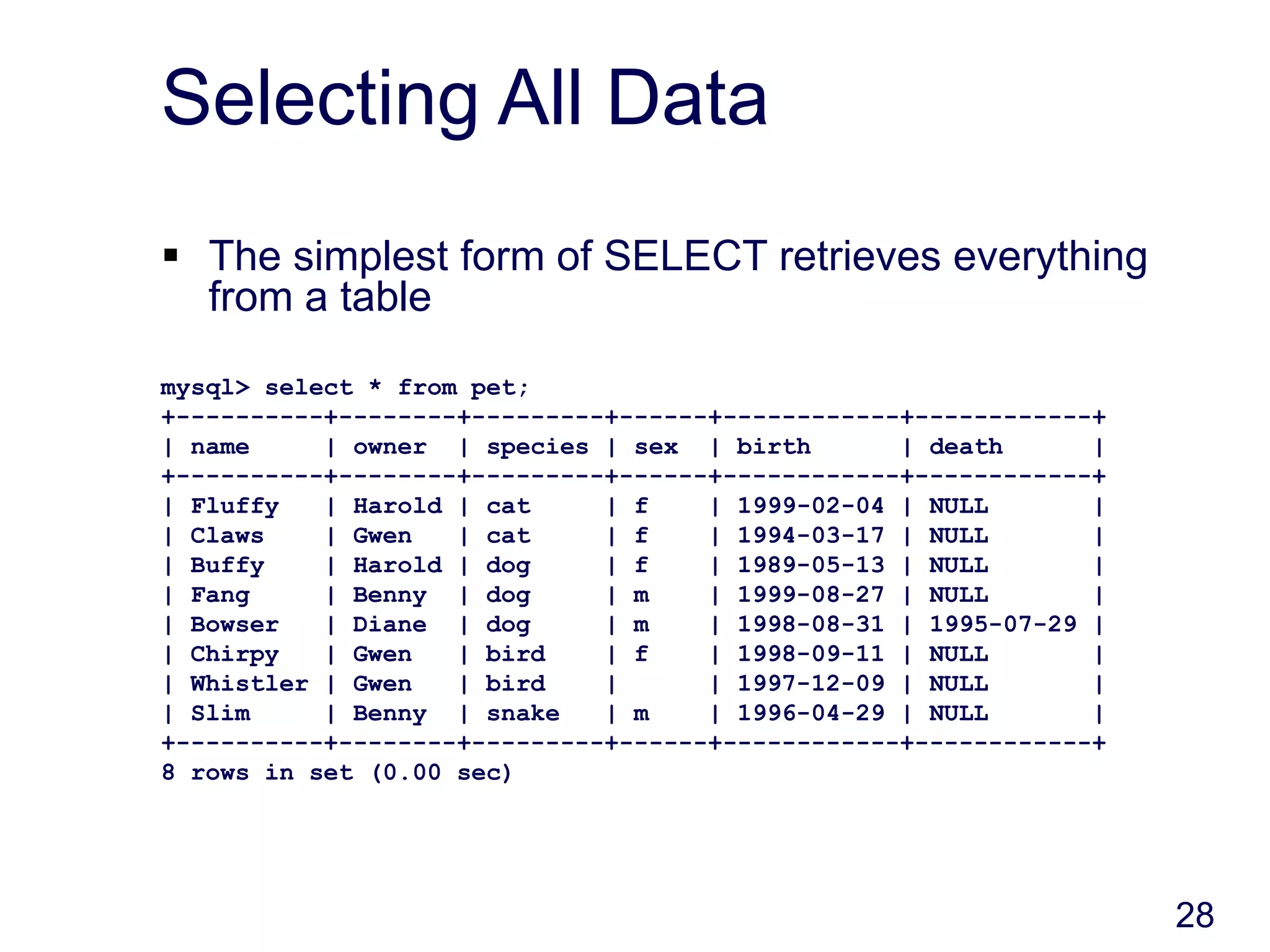 28
Selecting All Data
 The simplest form of SELECT retrieves everything
from a table
mysql> select * from pet;
+----------+--------+---------+------+------------+------------+
| name | owner | species | sex | birth | death |
+----------+--------+---------+------+------------+------------+
| Fluffy | Harold | cat | f | 1999-02-04 | NULL |
| Claws | Gwen | cat | f | 1994-03-17 | NULL |
| Buffy | Harold | dog | f | 1989-05-13 | NULL |
| Fang | Benny | dog | m | 1999-08-27 | NULL |
| Bowser | Diane | dog | m | 1998-08-31 | 1995-07-29 |
| Chirpy | Gwen | bird | f | 1998-09-11 | NULL |
| Whistler | Gwen | bird | | 1997-12-09 | NULL |
| Slim | Benny | snake | m | 1996-04-29 | NULL |
+----------+--------+---------+------+------------+------------+
8 rows in set (0.00 sec)
 