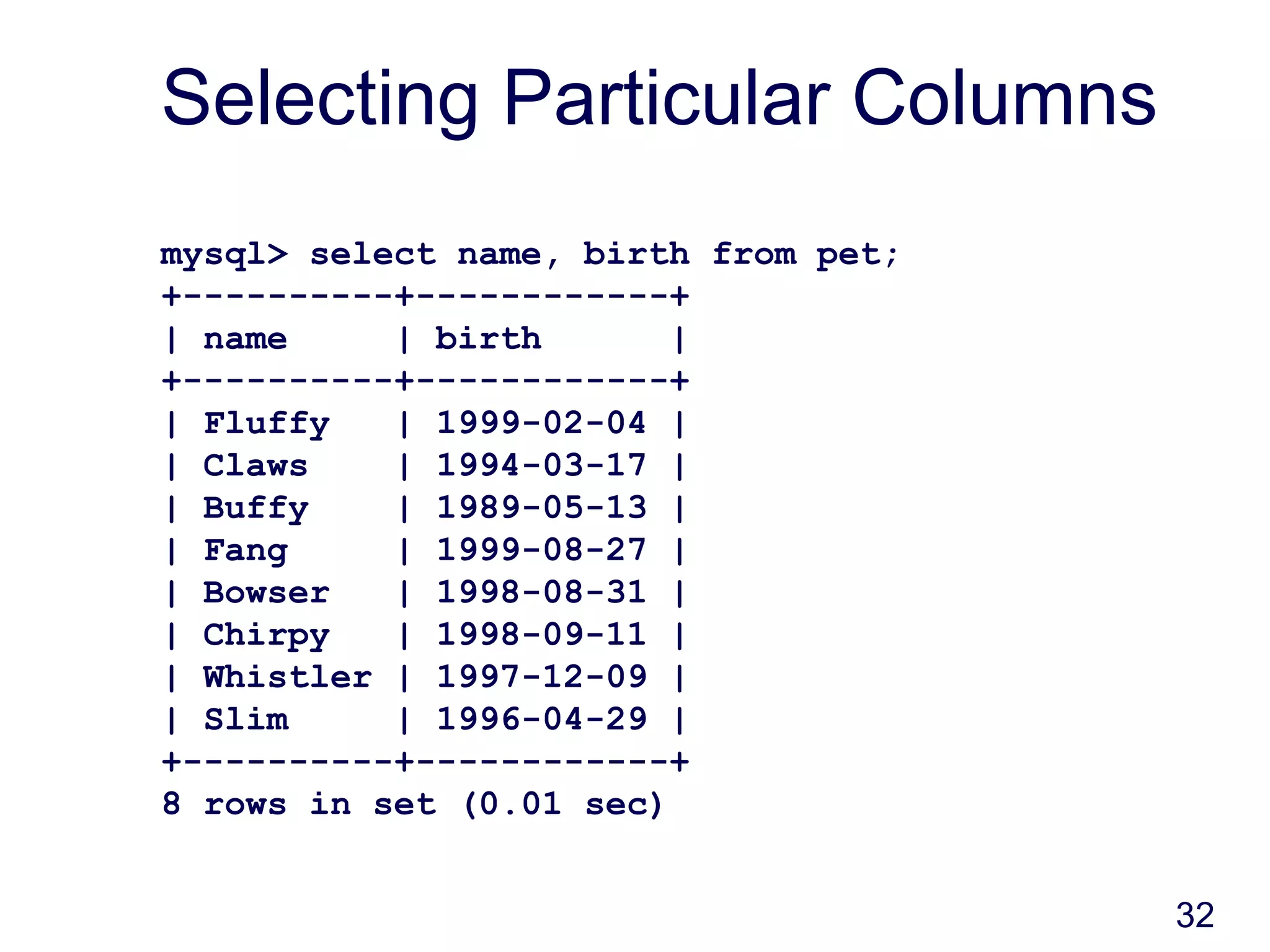 32
Selecting Particular Columns
mysql> select name, birth from pet;
+----------+------------+
| name | birth |
+----------+------------+
| Fluffy | 1999-02-04 |
| Claws | 1994-03-17 |
| Buffy | 1989-05-13 |
| Fang | 1999-08-27 |
| Bowser | 1998-08-31 |
| Chirpy | 1998-09-11 |
| Whistler | 1997-12-09 |
| Slim | 1996-04-29 |
+----------+------------+
8 rows in set (0.01 sec)
 