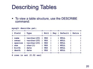 20
Describing Tables
 To view a table structure, use the DESCRIBE
command:
mysql> describe pet;
+---------+-------------+------+-----+---------+-------+
| Field | Type | Null | Key | Default | Extra |
+---------+-------------+------+-----+---------+-------+
| name | varchar(20) | YES | | NULL | |
| owner | varchar(20) | YES | | NULL | |
| species | varchar(20) | YES | | NULL | |
| sex | char(1) | YES | | NULL | |
| birth | date | YES | | NULL | |
| death | date | YES | | NULL | |
+---------+-------------+------+-----+---------+-------+
6 rows in set (0.02 sec)
 