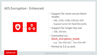 Copyright © 2016, Oracle and/or its affiliates. All rights reserved. |
AES Encryption : Enhanced
• Support for more secure block
modes
– CBC, CFB1, CFB8, CFB128, OFB
– Support varies for OpenSSL/yaSSL
• Support for longer key size
– 196, 256 bits
• Controlled via :
block_encryption_mode
– e.g. “aes-256-cbc”, “aes-256-ofb”
• Ported to 5.6 as well.
15
 