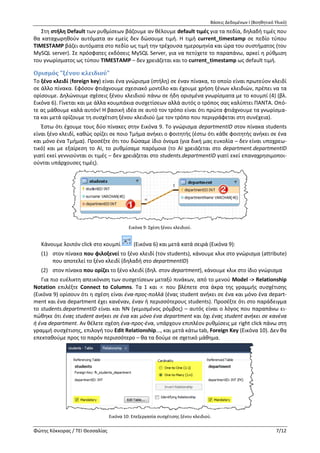 Βάσεις Δεδομένων Ι (Βοηθητικό Υλικό)
Φώτης Κόκκορας / ΤΕΙ Θεσσαλίας 7/12
Στη στήλη Default των ρυθμίσεων βάζουμε αν θέλουμε default τιμές για τα πεδία, δηλαδή τιμές που
θα καταχωρηθούν αυτόματα αν εμείς δεν δώσουμε τιμή.
Η default τιμή current_timestamp σε πεδίο τύπου TIMESTAMP βάζει αυτόματα στο πεδίο ως τιμή
την τρέχουσα ημερομηνία και ώρα του συστήματος (του MySQL server) της στιγμής που δημιουργείται
η εγγραφή (πολύ καλό για καταγραφή του πότε εισήχθη κάτι στον πίνακα). Αν χρησιμοποιήσετε τύπο
γνωρίσματος TIMESTAMP και δεν βάλετε default τιμή το current_timestamp (το αφήσετε κενό) τότε η
στήλη θα ενημερώνετε και κάθε φορά που αλλάζει κάτι στην εγγραφή (πολύ καλό για να ξέρετε πότε
μεταβλήθηκε τελευταία φορά μια εγγραφή).
Ορισμός "ξένου κλειδιού"
Το ξένο κλειδί (foreign key) είναι ένα γνώρισμα (στήλη) σε έναν πίνακα, το οποίο είναι πρωτεύον κλειδί
σε άλλο πίνακα. Εφόσον φτιάχνουμε σχεσιακό μοντέλο και έχουμε χρήση ξένων κλειδιών, πρέπει να τα
ορίσουμε. Δηλώνουμε σχέσεις ξένου κλειδιού πάνω σε ήδη ορισμένα γνωρίσματα με το κουμπί (4) (βλ.
Εικόνα 6). Γίνεται και με άλλα κουμπάκια συσχετίσεων αλλά αυτός ο τρόπος σας καλύπτει ΠΑΝΤΑ. Οπό-
τε ας μάθουμε καλά αυτόν! Η βασική ιδέα σε αυτό τον τρόπο είναι ότι πρώτα φτιάχνουμε τα γνωρίσμα-
τα και μετά ορίζουμε τη συσχέτιση ξένου κλειδιού (με τον τρόπο που περιγράφεται στη συνέχεια).
Έστω ότι έχουμε τους δύο πίνακες στην Εικόνα 9. Το γνώρισμα departmentID στον πίνακα students
είναι ξένο κλειδί, καθώς ορίζει σε ποιο Τμήμα ανήκει ο φοιτητής (έστω ότι κάθε φοιτητής ανήκει σε ένα
και μόνο ένα Τμήμα). Προσέξτε ότι του δώσαμε ίδιο όνομα (για δική μας ευκολία – δεν είναι υποχρεω-
τικό) και με εξαίρεση το AI, το ρυθμίσαμε παρόμοια (το ΑΙ χρειάζεται στο department.departmentID
γιατί εκεί γεννιούνται οι τιμές – δεν χρειάζεται στο students.departmentID γιατί εκεί επαναχρησιμοποι-
ούνται υπάρχουσες τιμές).
Εικόνα 9: Σχέση ξένου κλειδιού.
Κάνουμε λοιπόν click στο κουμπί (Εικόνα 6) και μετά κατά σειρά (Εικόνα 9):
(1) στον πίνακα που φιλοξενεί το ξένο κλειδί (τον students), κάνουμε κλικ στο γνώρισμα (attribute)
που αποτελεί το ξένο κλειδί (δηλαδή στο departmentID)
(2) στον πίνακα που ορίζει το ξένο κλειδί (δηλ. στον department), κάνουμε κλικ στο ίδιο γνώρισμα
Εικόνα 10: Επεξεργασία συσχέτισης ξένου κλειδιού.
Για πιο ευέλικτη απεικόνιση των συσχετίσεων μεταξύ πινάκων, από το μενού Model -> Relationship
Notation επιλέξτε Connect to Columns. Τα 1 και  που βλέπετε στα άκρα της γραμμής συσχέτισης
(Εικόνα 9) ορίσουν ότι η σχέση είναι ένα-προς-πολλά (ένας student ανήκει σε ένα και μόνο ένα depart-
 
