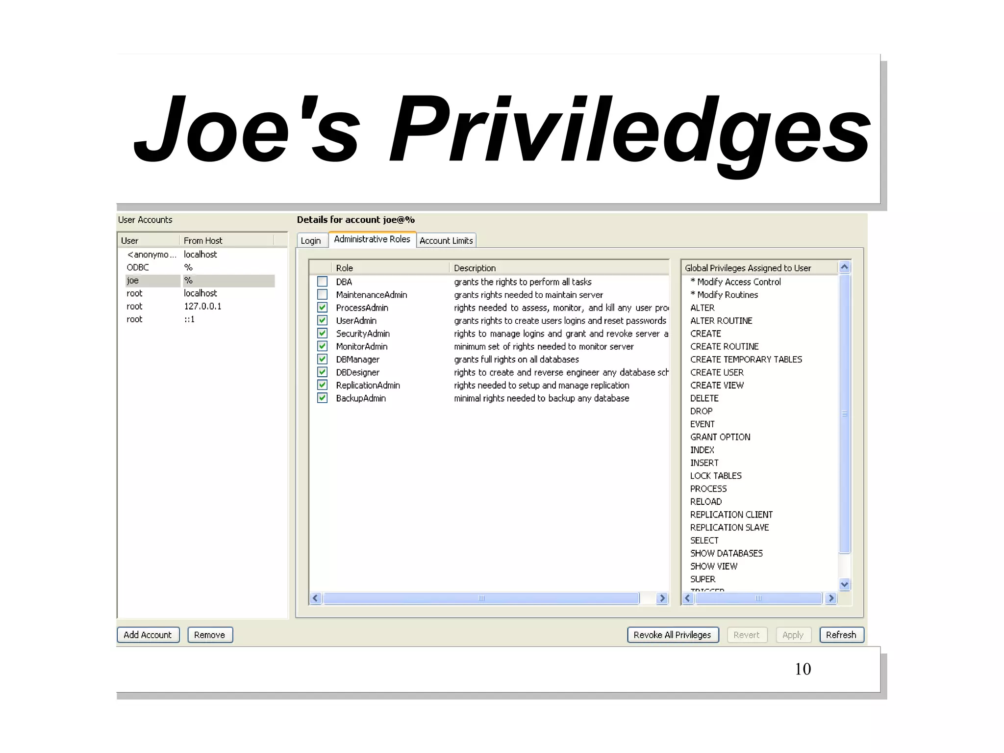 Joe's Priviledges




               10
 