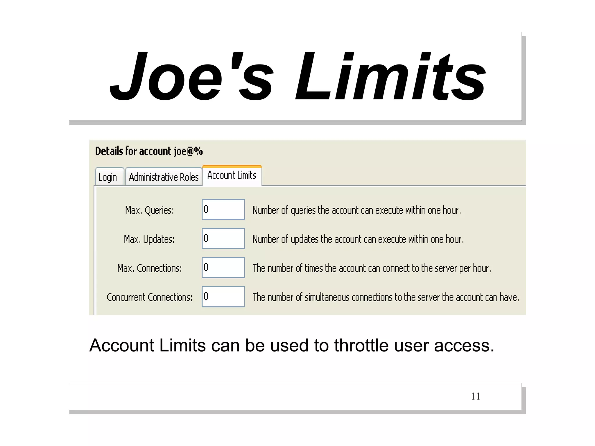 Joe's Limits


Account Limits can be used to throttle user access.

                                               11
 