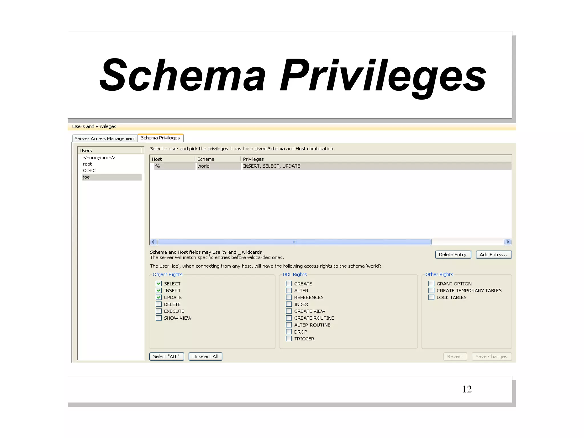 Schema Privileges




               12
 