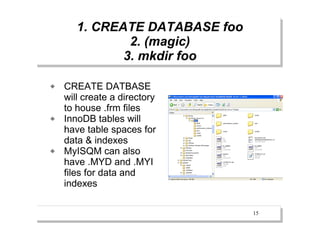 1. CREATE DATABASE foo
               2. (magic)
              3. mkdir foo

   CREATE DATBASE
    will create a directory
    to house .frm files
   InnoDB tables will
    have table spaces for
    data & indexes
   MyISQM can also
    have .MYD and .MYI
    files for data and
    indexes

                                15
 