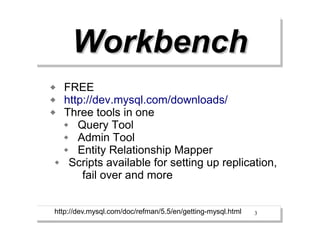 Workbench
   FREE
   http://dev.mysql.com/downloads/
   Three tools in one
     Query Tool
     Admin Tool
     Entity Relationship Mapper
    Scripts available for setting up replication,
        fail over and more


http://dev.mysql.com/doc/refman/5.5/en/getting-mysql.html   3
 
