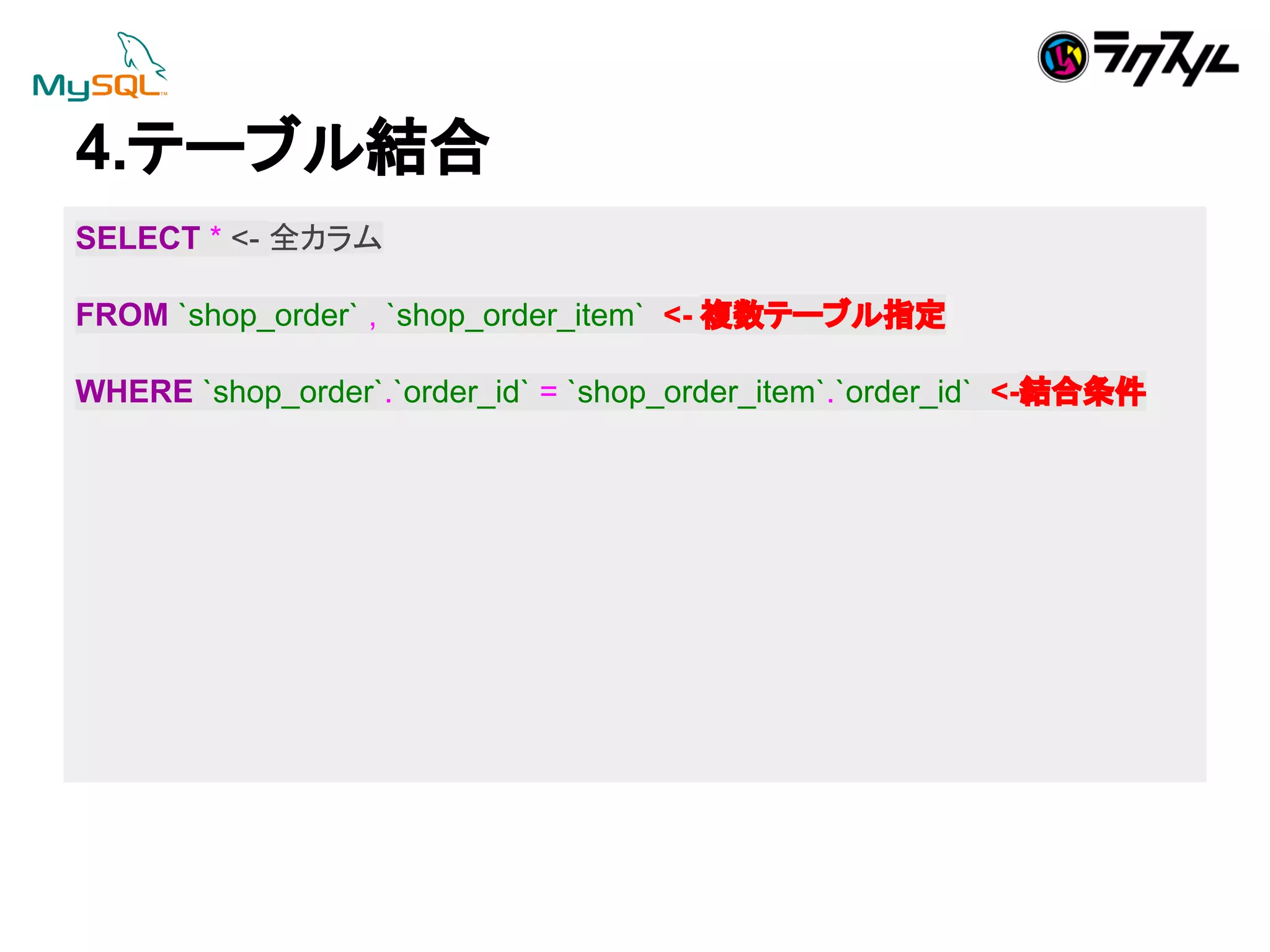 4.䝔䞊䝤䝹⤖ྜ 
SELECT * <- ඲䜹䝷䝮 
FROM `shop_order` , `shop_order_item` <- 」ᩘ䝔䞊䝤䝹ᣦᐃ 
WHERE `shop_order`.`order_id` = `shop_order_item`.`order_id` <-⤖ྜ᮲௳ 
 