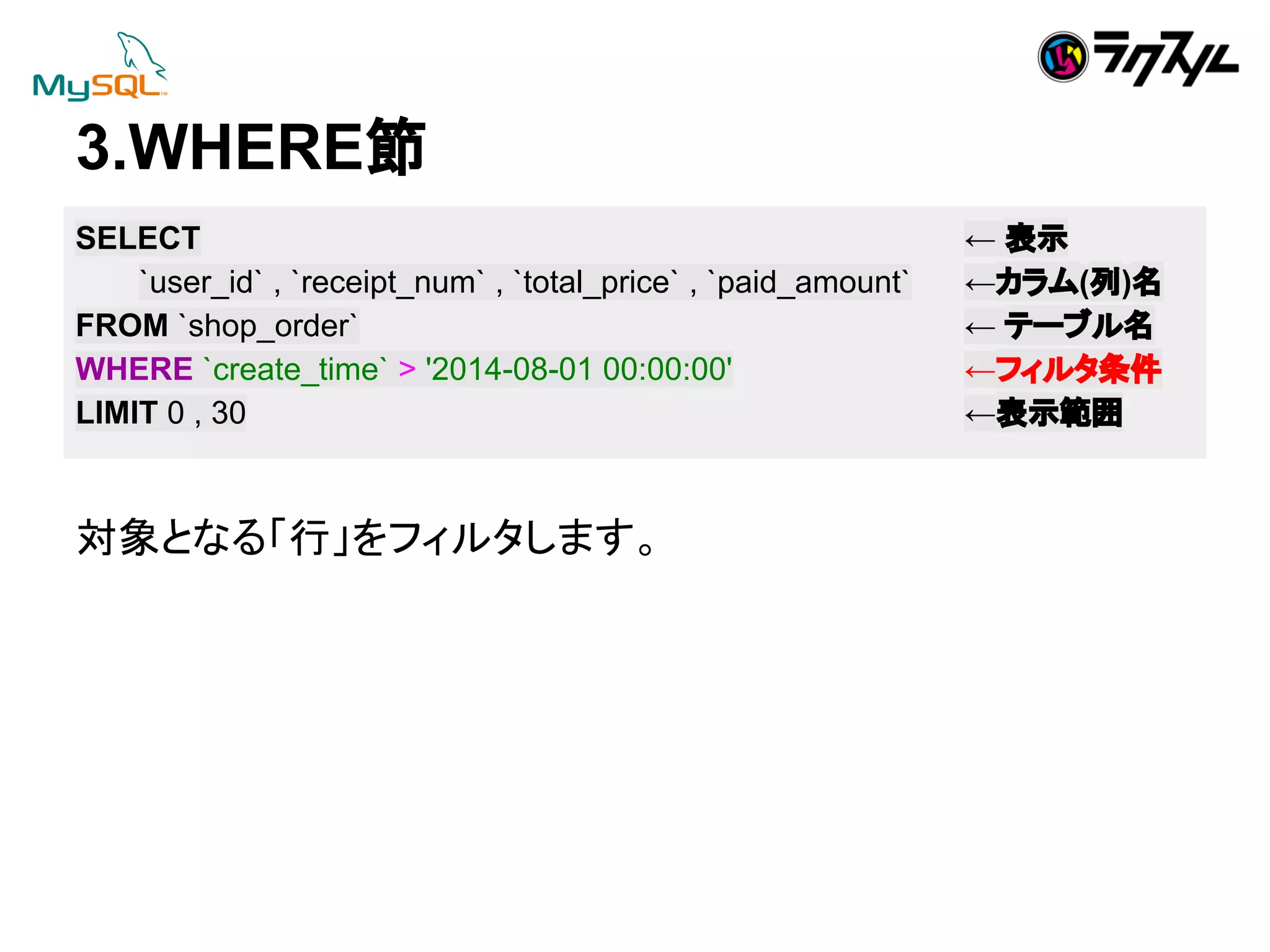 3.WHERE⠇ 
SELECT ← ⾲♧ 
`user_id` , `receipt_num` , `total_price` , `paid_amount` ←䜹䝷䝮(ิ)ྡ 
FROM `shop_order` ← 䝔䞊䝤䝹ྡ 
WHERE `create_time` > '2014-08-01 00:00:00' ←䝣䜱䝹䝍᮲௳ 
LIMIT 0 , 30 ←⾲♧⠊ᅖ 
ᑐ㇟䛸䛺䜛䛂⾜䛃䜢䝣䜱䝹䝍䛧䜎䛩䚹 
 