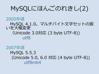 MySQLˤۤ󤴤Τ줭(2)
2005
MySQL 4.1.0ޥХ֥åȤΒQ

Unicode 3.0 (3 byte UTF-8))
utf8
2007
MySQL 5.5.3
(Unicode 5.0, 6.0  (4 byte UTF-8))
utf8mb4
 
