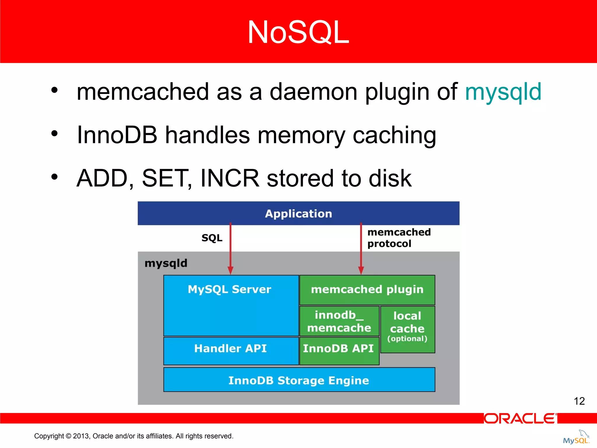 NoSQL • memcached as a daemon plugin of mysqld • InnoDB handles memory caching • ADD, SET, INCR stored to disk 12 Copyright © 2013, Oracle and/or its affiliates. All rights reserved. 