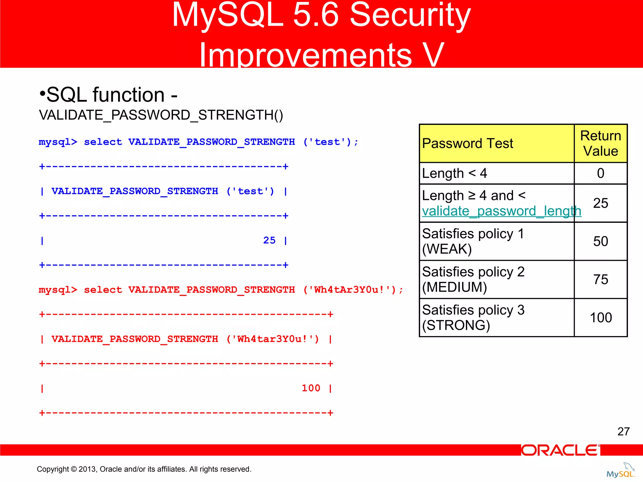 MySQL 5.6 Security Improvements V •SQL function VALIDATE_PASSWORD_STRENGTH() Return Value mysql> select VALIDATE_PASSWORD_STRENGTH ('test'); Password Test +-------------------------------------+ Length < 4 | VALIDATE_PASSWORD_STRENGTH ('test') | Length ≥ 4 and < 25 validate_password_length +-------------------------------------+ | 0 Satisfies policy 1 (WEAK) 25 | +-------------------------------------+ mysql> select VALIDATE_PASSWORD_STRENGTH ('Wh4tAr3Y0u!'); +--------------------------------------------+ 50 Satisfies policy 2 (MEDIUM) 75 Satisfies policy 3 (STRONG) 100 | VALIDATE_PASSWORD_STRENGTH ('Wh4tar3Y0u!') | +--------------------------------------------+ | 100 | +--------------------------------------------+ 27 Copyright © 2013, Oracle and/or its affiliates. All rights reserved. 
