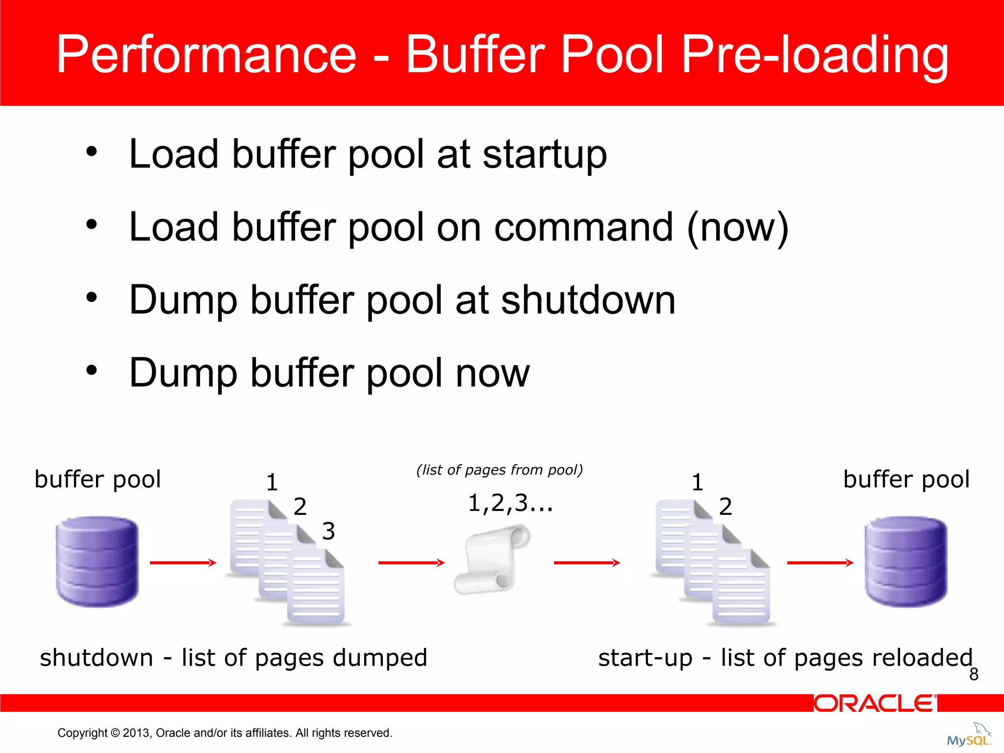 Performance - Buffer Pool Pre-loading • Load buffer pool at startup • Load buffer pool on command (now) • Dump buffer pool at shutdown • Dump buffer pool now buffer pool 1 (list of pages from pool) 2 3 shutdown - list of pages dumped Copyright © 2013, Oracle and/or its affiliates. All rights reserved. 1,2,3... 1 2 buffer pool start-up - list of pages reloaded 8 