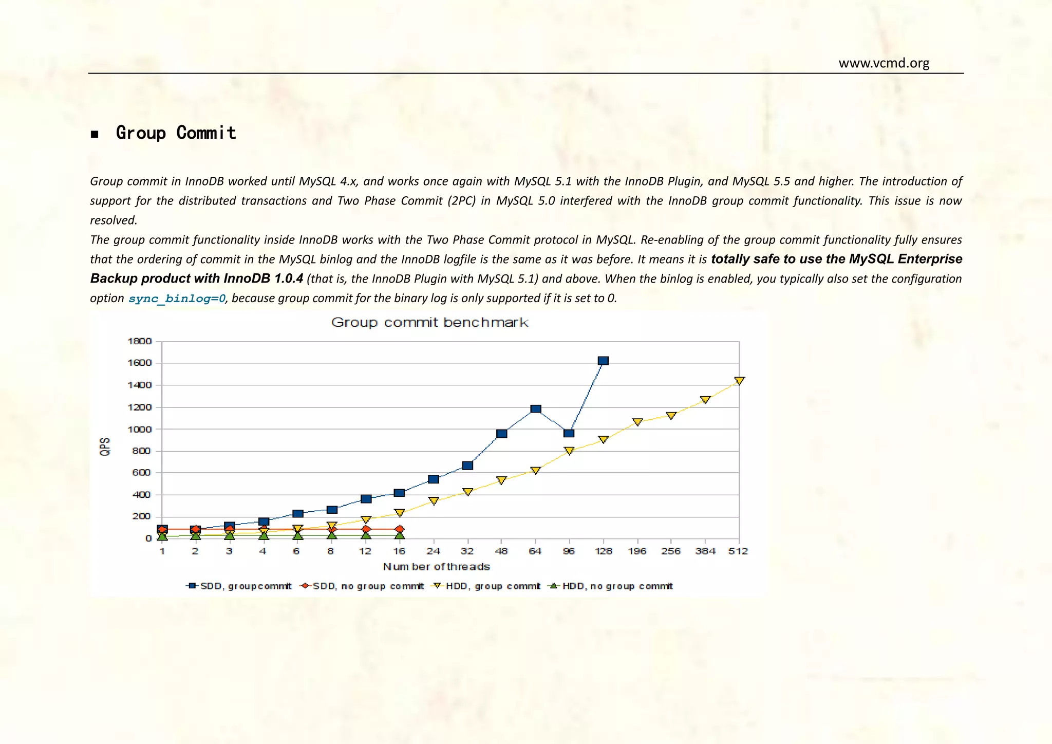 www.vcmd.org



Group Commit

Group commit in InnoDB worked until MySQL 4.x, and works once again with MySQL 5.1 with the InnoDB Plugin, and MySQL 5.5 and higher. The introduction of
support for the distributed transactions and Two Phase Commit (2PC) in MySQL 5.0 interfered with the InnoDB group commit functionality. This issue is now
resolved.
The group commit functionality inside InnoDB works with the Two Phase Commit protocol in MySQL. Re-enabling of the group commit functionality fully ensures
that the ordering of commit in the MySQL binlog and the InnoDB logfile is the same as it was before. It means it is totally safe to use the MySQL Enterprise
Backup product with InnoDB 1.0.4 (that is, the InnoDB Plugin with MySQL 5.1) and above. When the binlog is enabled, you typically also set the configuration
option sync_binlog=0, because group commit for the binary log is only supported if it is set to 0.

 