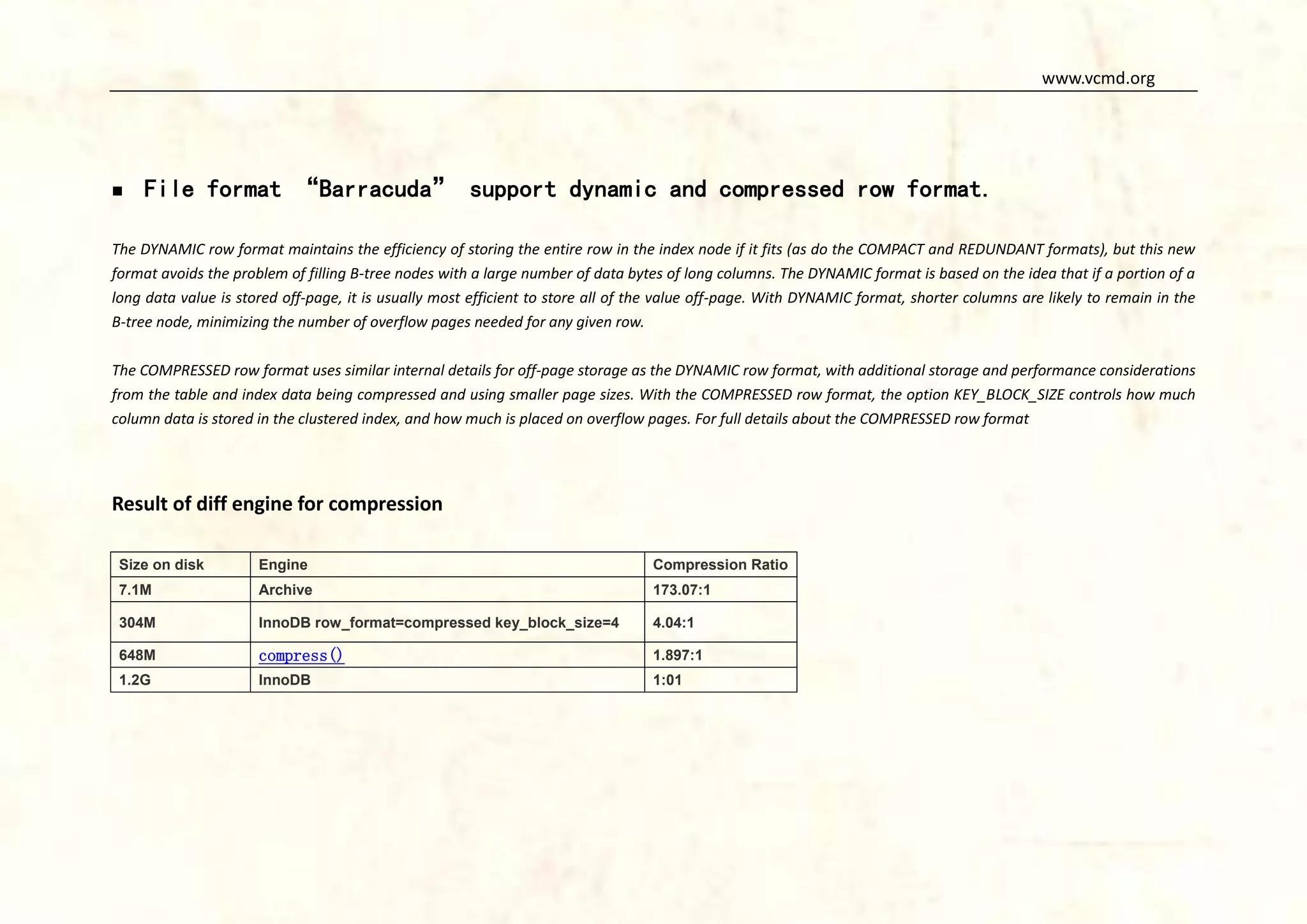 www.vcmd.org



File format “Barracuda” support dynamic and compressed row format.

The DYNAMIC row format maintains the efficiency of storing the entire row in the index node if it fits (as do the COMPACT and REDUNDANT formats), but this new
format avoids the problem of filling B-tree nodes with a large number of data bytes of long columns. The DYNAMIC format is based on the idea that if a portion of a
long data value is stored off-page, it is usually most efficient to store all of the value off-page. With DYNAMIC format, shorter columns are likely to remain in the
B-tree node, minimizing the number of overflow pages needed for any given row.
The COMPRESSED row format uses similar internal details for off-page storage as the DYNAMIC row format, with additional storage and performance considerations
from the table and index data being compressed and using smaller page sizes. With the COMPRESSED row format, the option KEY_BLOCK_SIZE controls how much
column data is stored in the clustered index, and how much is placed on overflow pages. For full details about the COMPRESSED row format

Result of diff engine for compression
Size on disk

Engine

Compression Ratio

7.1M

Archive

173.07:1

304M

InnoDB row_format=compressed key_block_size=4

4.04:1

648M

compress()

1.897:1

1.2G

InnoDB

1:01

 