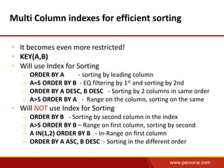 Multi Column indexes for efficient sorting 
www.percona.com 
• It becomes even more restricted! 
• KEY(A,B) 
• Will use Index for Sorting 
– ORDER BY A - sorting by leading column 
– A=5 ORDER BY B - EQ filtering by 1st and sorting by 2nd 
– ORDER BY A DESC, B DESC - Sorting by 2 columns in same order 
– A>5 ORDER BY A - Range on the column, sorting on the same 
• Will NOT use Index for Sorting 
– ORDER BY B - Sorting by second column in the index 
– A>5 ORDER BY B – Range on first column, sorting by second 
– A IN(1,2) ORDER BY B - In-Range on first column 
– ORDER BY A ASC, B DESC - Sorting in the different order 
 